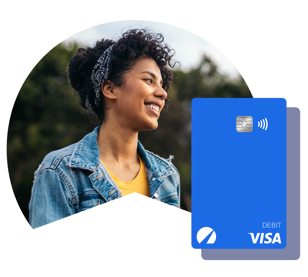 A woman smiling with a Betterment checking card floating in the foreground