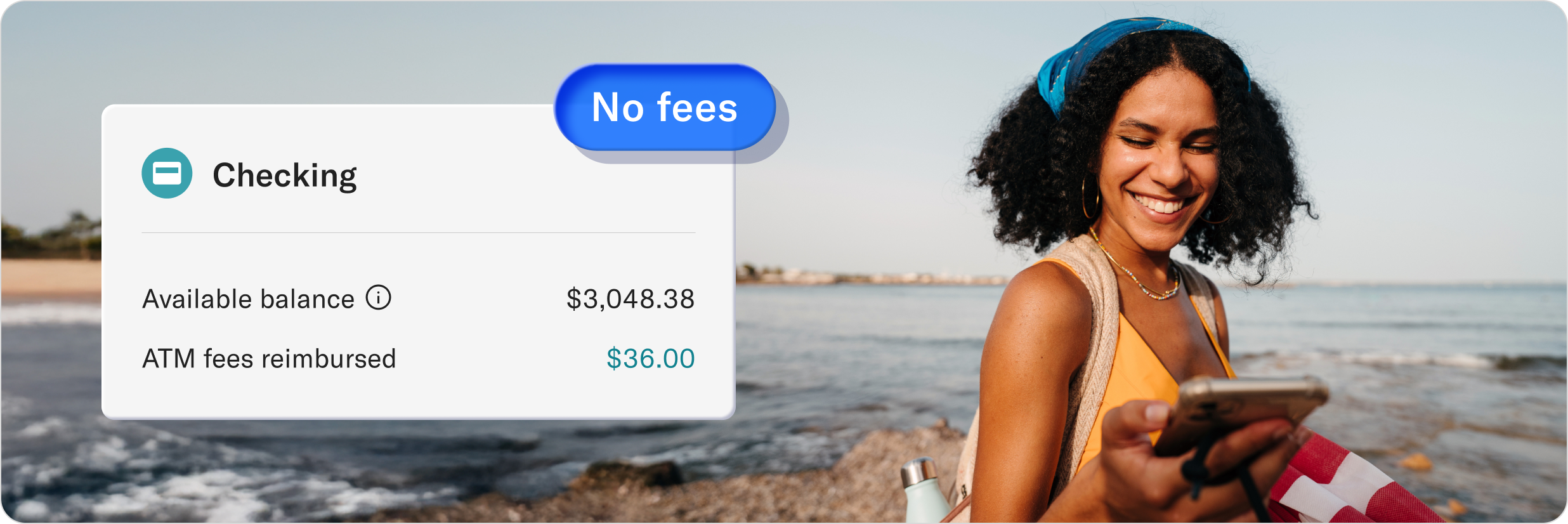 Betterment Checking account screen showing an available balance of $3,048.38 and $36.00 in ATM fees reimbursed, labeled "No fees."