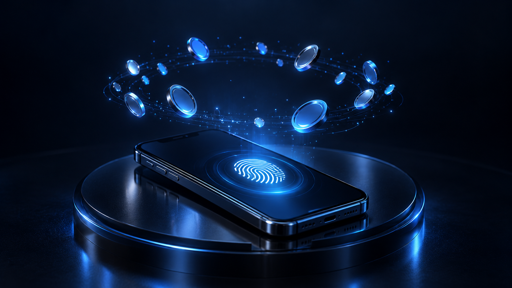 Phone with digital coin particles representing mobile participation.