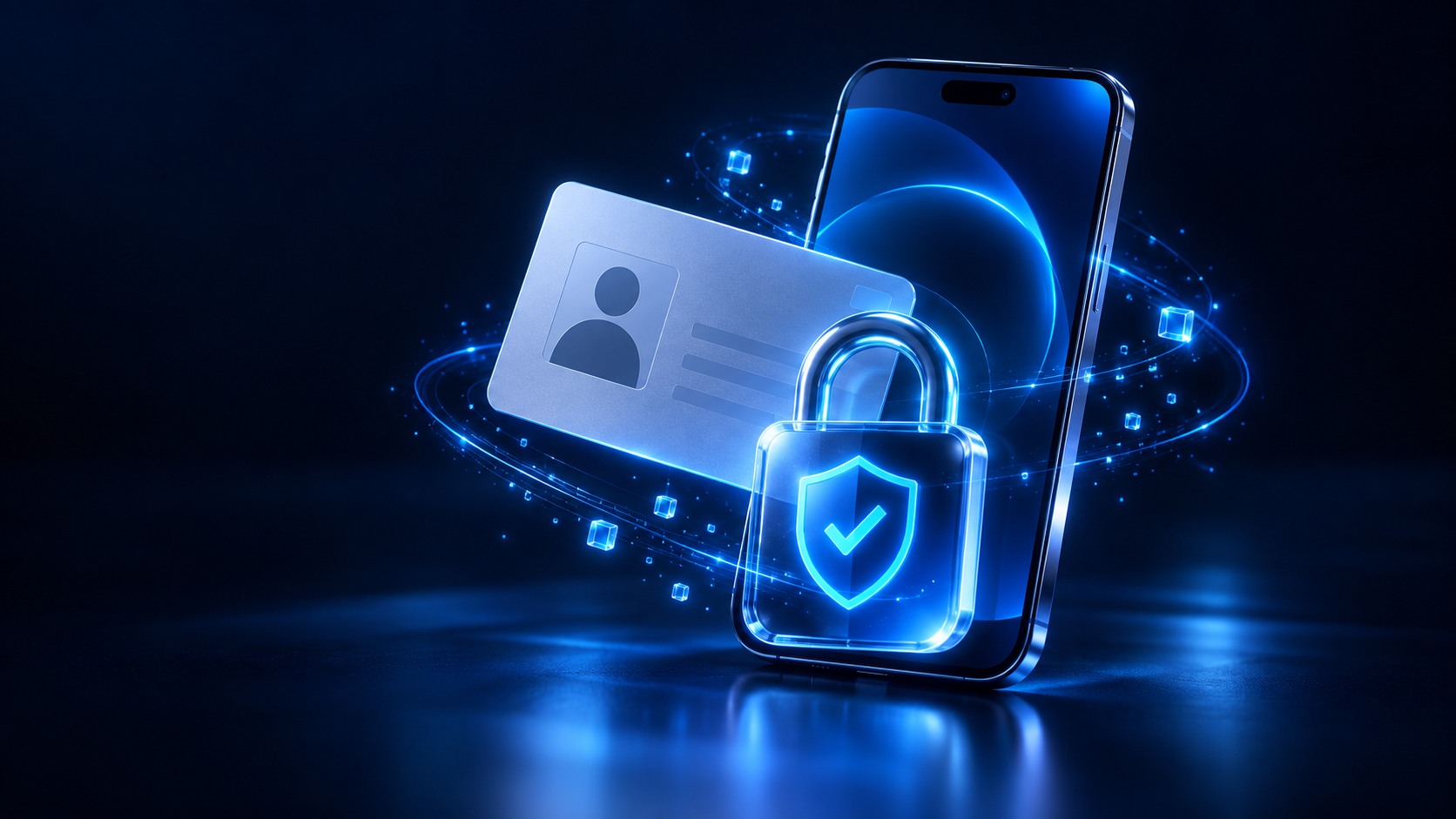 Phone, identity card, and lock representing account verification.