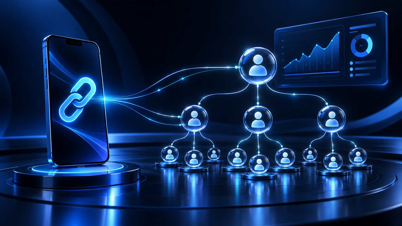 Invitation link connecting members to a referral network and overview panel.